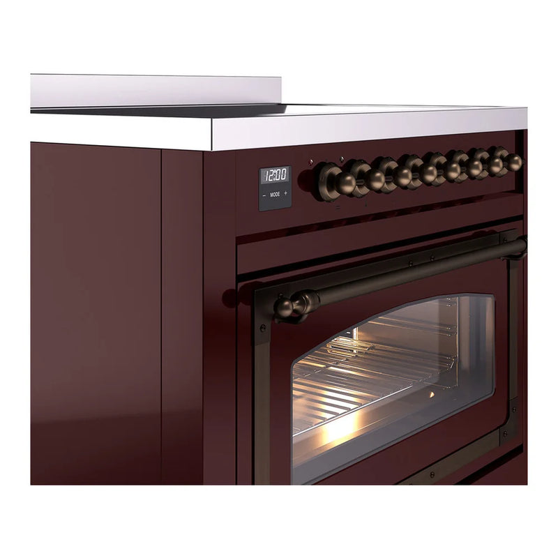 ILVE Nostalgie II Noblesse 36" Induction Freestanding Range in Burgundy with Burnished Trim, UNI366NMPBUB