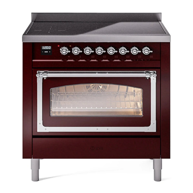 ILVE Nostalgie II Noblesse 36" Induction Freestanding Range in Burgundy with Chrome Trim, UNI366NMPBUC