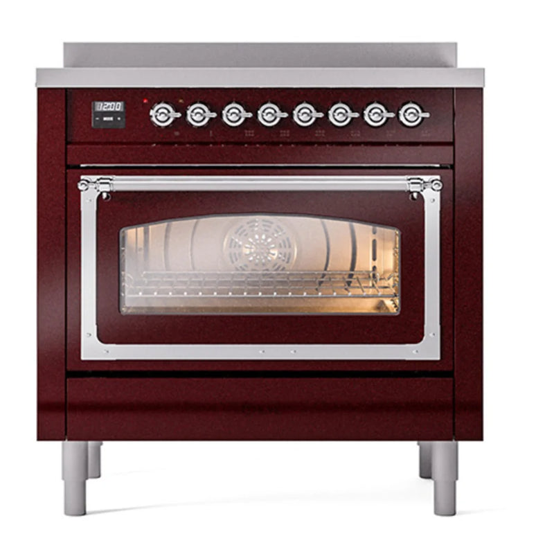 ILVE Nostalgie II Noblesse 36" Induction Freestanding Range in Burgundy with Chrome Trim, UNI366NMPBUC