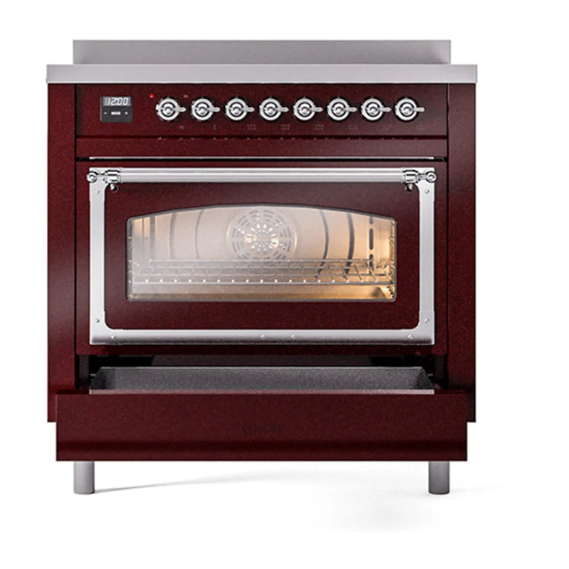 ILVE Nostalgie II Noblesse 36" Induction Freestanding Range in Burgundy with Chrome Trim, UNI366NMPBUC