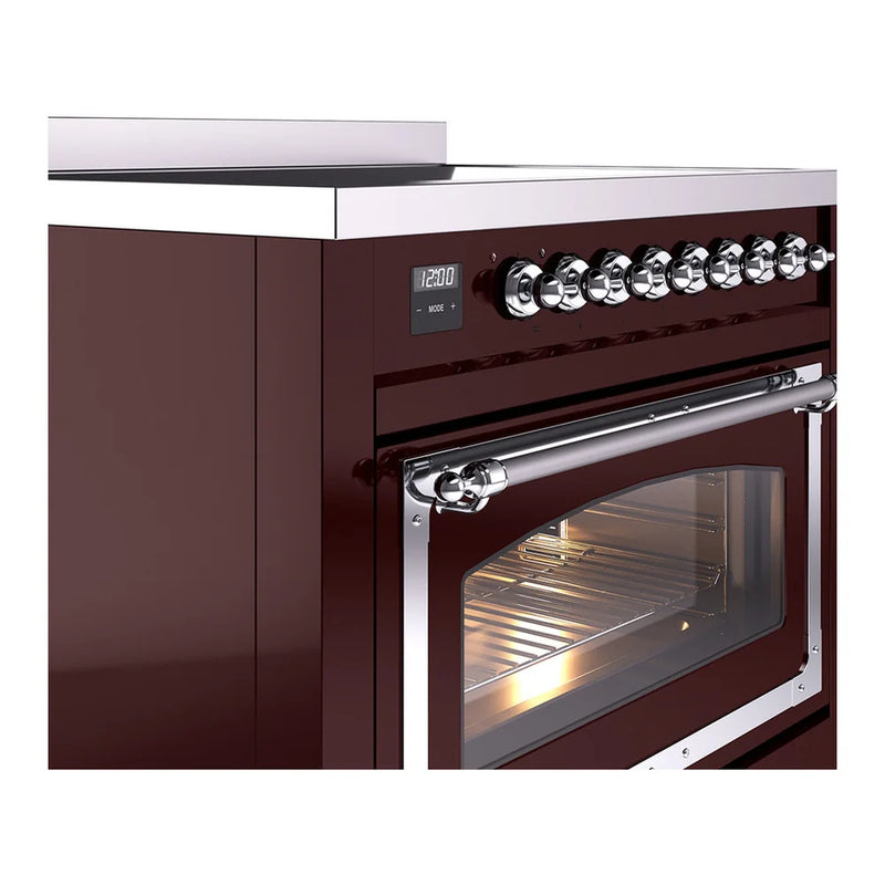 ILVE Nostalgie II Noblesse 36" Induction Freestanding Range in Burgundy with Chrome Trim, UNI366NMPBUC