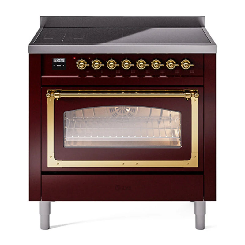 ILVE Nostalgie II Noblesse 36" Induction Freestanding Range in Burgundy with Brass Trim, UNI366NMPBUG
