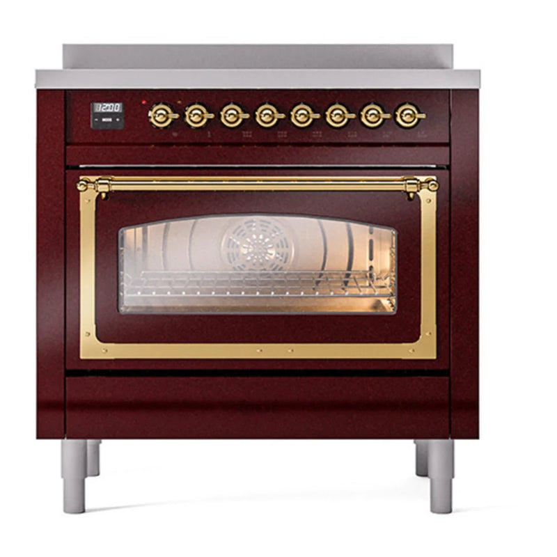 ILVE Nostalgie II Noblesse 36" Induction Freestanding Range in Burgundy with Brass Trim, UNI366NMPBUG