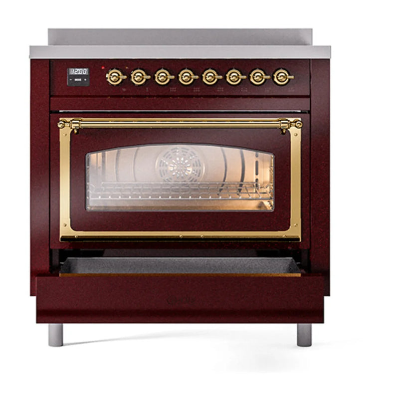 ILVE Nostalgie II Noblesse 36" Induction Freestanding Range in Burgundy with Brass Trim, UNI366NMPBUG