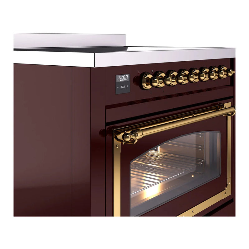 ILVE Nostalgie II Noblesse 36" Induction Freestanding Range in Burgundy with Brass Trim, UNI366NMPBUG