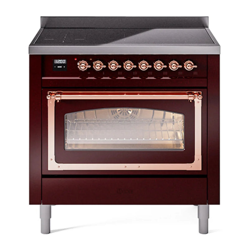 ILVE Nostalgie II Noblesse 36" Induction Freestanding Range in Burgundy with Copper Trim, UNI366NMPBUP