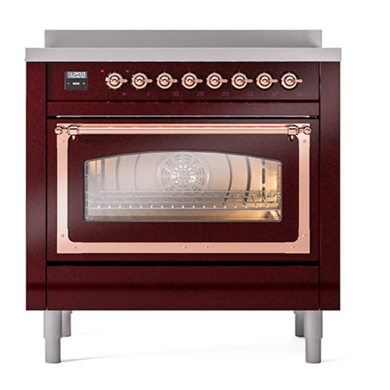 ILVE Nostalgie II Noblesse 36" Induction Freestanding Range in Burgundy with Copper Trim, UNI366NMPBUP