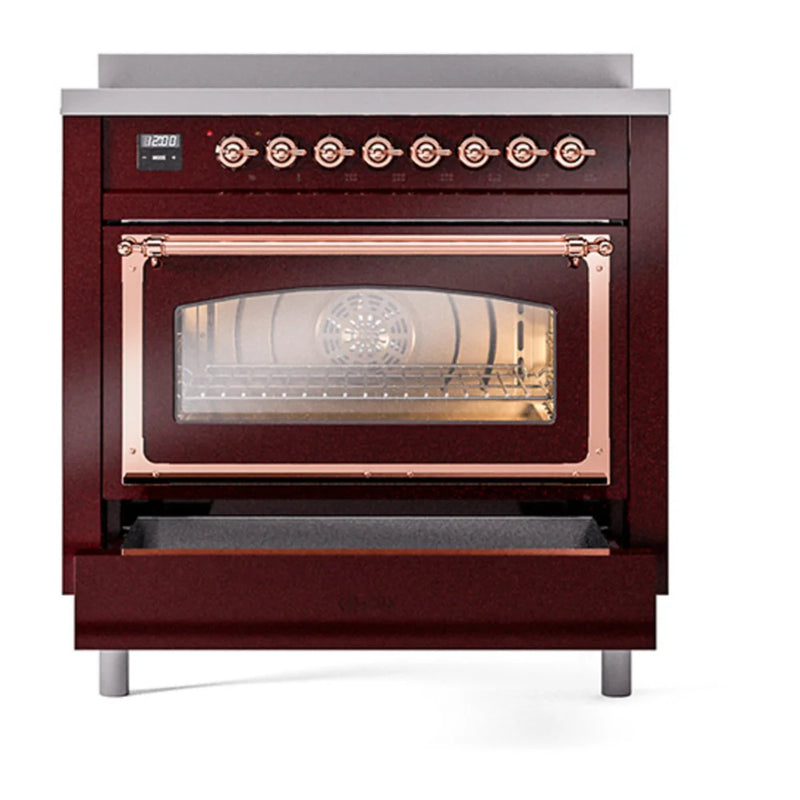 ILVE Nostalgie II Noblesse 36" Induction Freestanding Range in Burgundy with Copper Trim, UNI366NMPBUP
