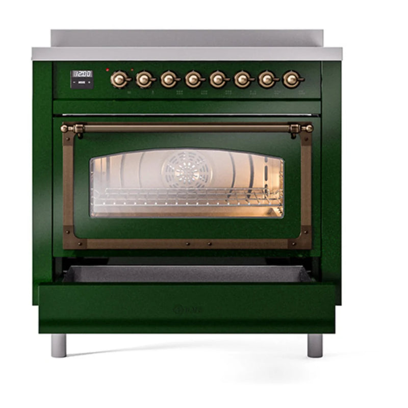 ILVE Nostalgie II Noblesse 36" Induction Freestanding Range in Emerald Green with Burnished Trim, UNI366NMPEGB