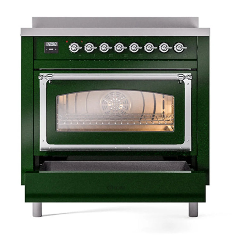 ILVE Nostalgie II Noblesse 36" Induction Freestanding Range in Emerald Green with Chrome Trim, UNI366NMPEGC