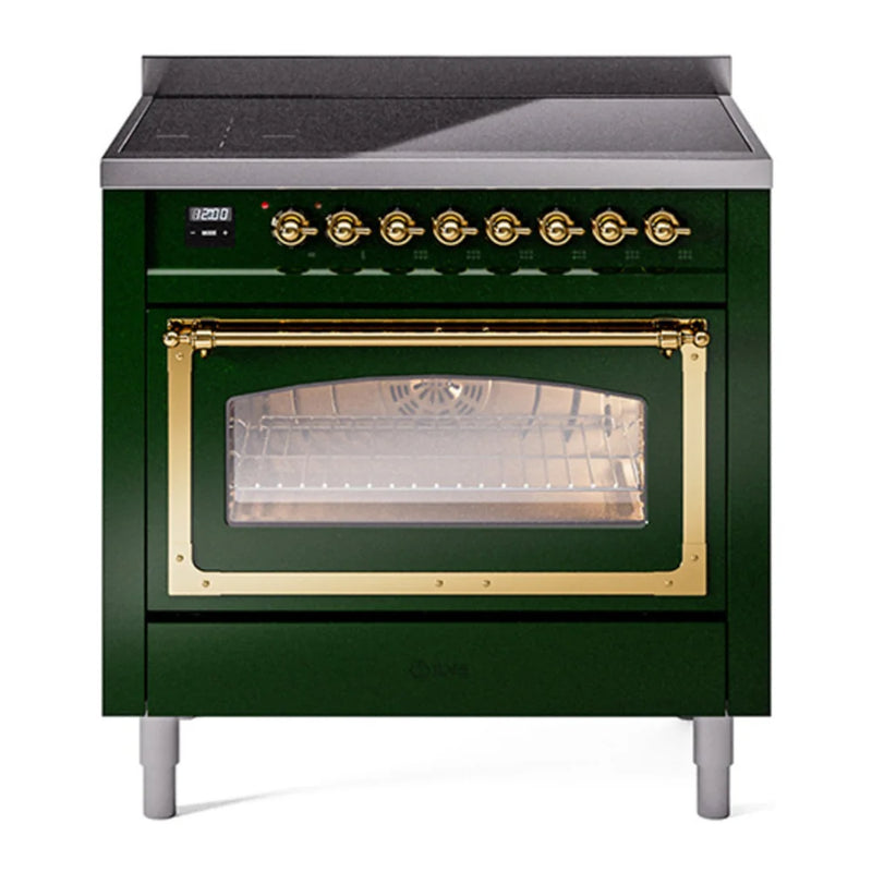 ILVE Nostalgie II Noblesse 36" Induction Freestanding Range in Emerald Green with Brass Trim, UNI366NMPEGG