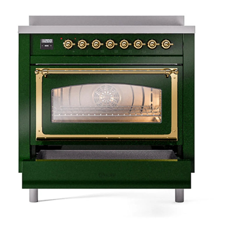 ILVE Nostalgie II Noblesse 36" Induction Freestanding Range in Emerald Green with Brass Trim, UNI366NMPEGG