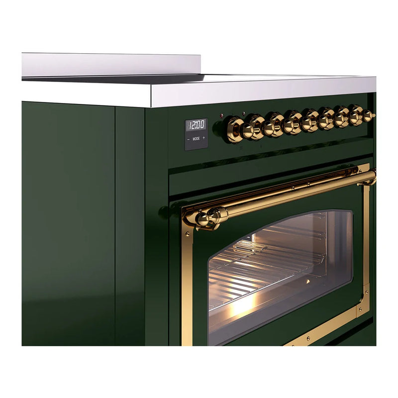 ILVE Nostalgie II Noblesse 36" Induction Freestanding Range in Emerald Green with Brass Trim, UNI366NMPEGG