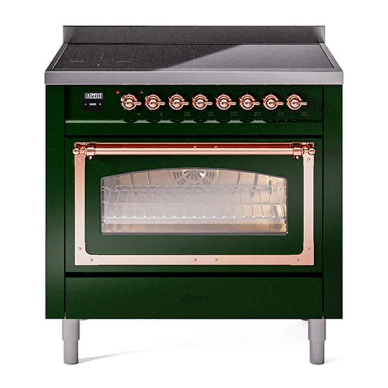 ILVE Nostalgie II Noblesse 36" Induction Freestanding Range in Emerald Green with Copper Trim, UNI366NMPEGP