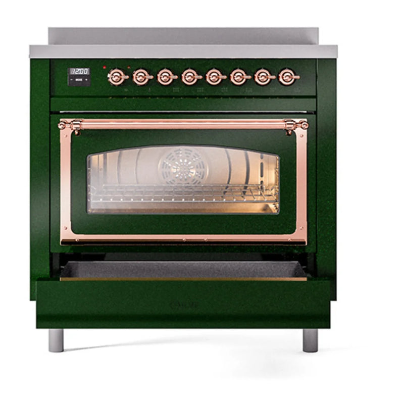 ILVE Nostalgie II Noblesse 36" Induction Freestanding Range in Emerald Green with Copper Trim, UNI366NMPEGP