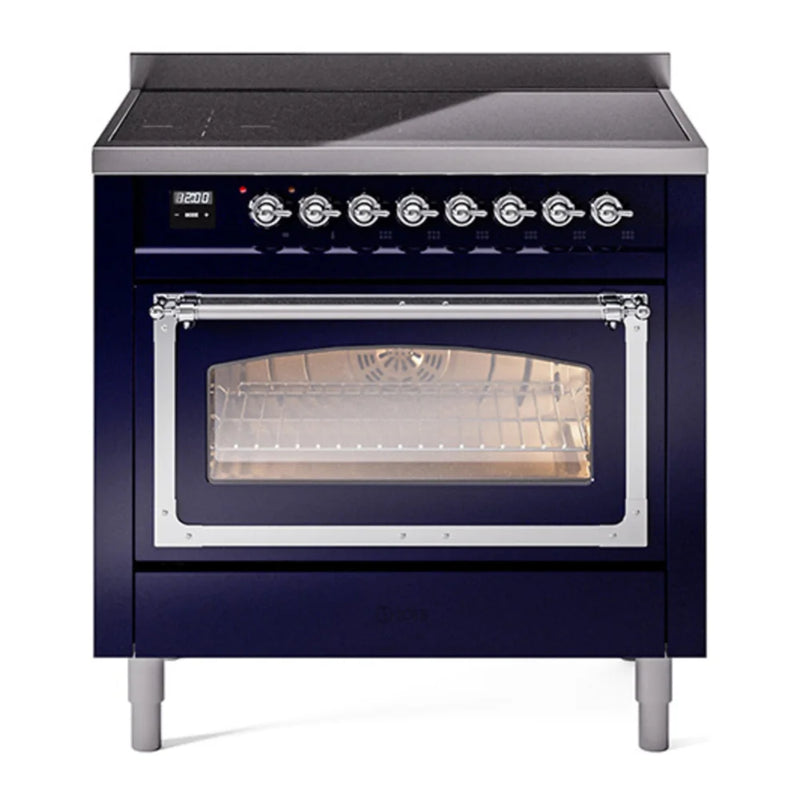 ILVE Nostalgie II Noblesse 36" Induction Freestanding Range in Midnight Blue with Chrome Trim, UNI366NMPMBC