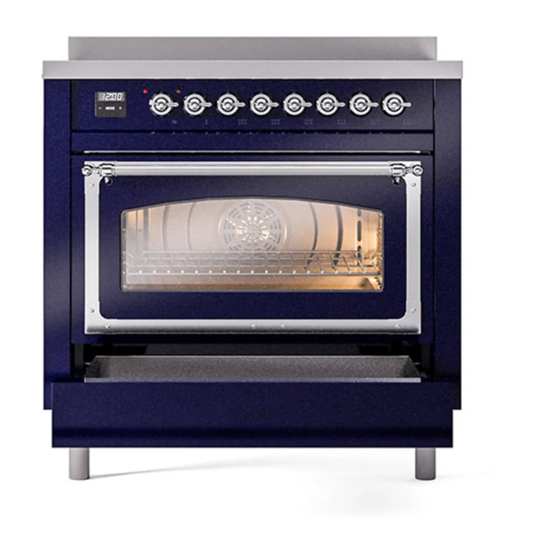 ILVE Nostalgie II Noblesse 36" Induction Freestanding Range in Midnight Blue with Chrome Trim, UNI366NMPMBC