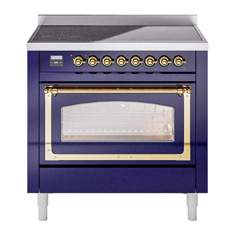 ILVE Nostalgie II Noblesse 36" Induction Freestanding Range in Midnight Blue with Brass Trim, UNI366NMPMBG