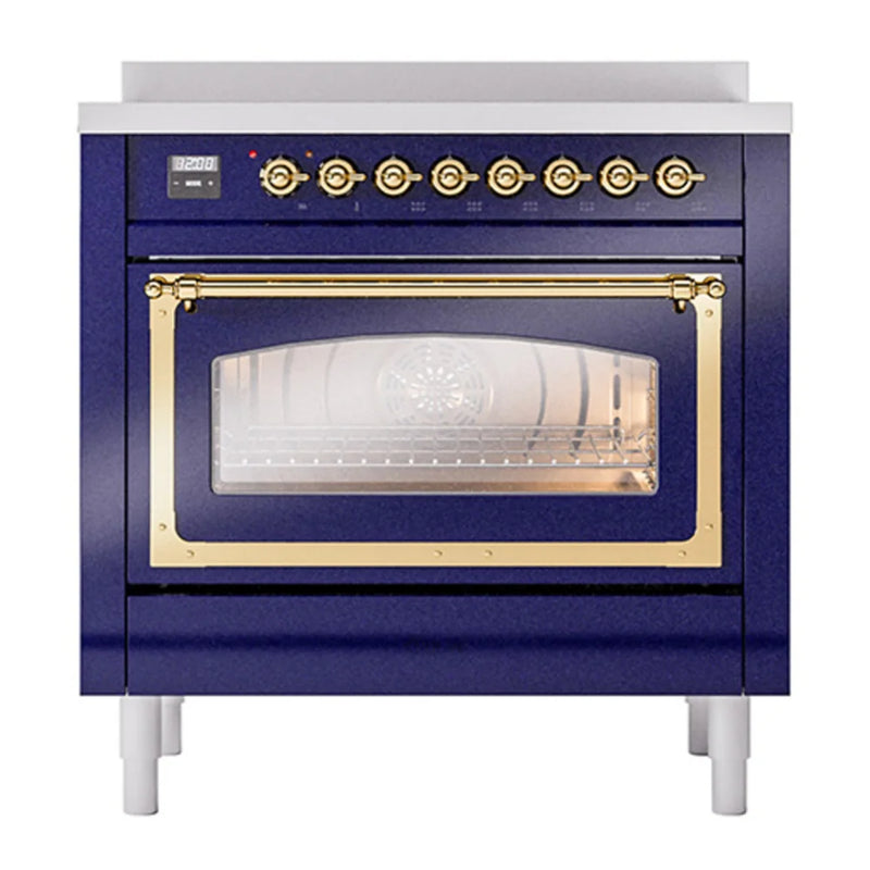 ILVE Nostalgie II Noblesse 36" Induction Freestanding Range in Midnight Blue with Brass Trim, UNI366NMPMBG
