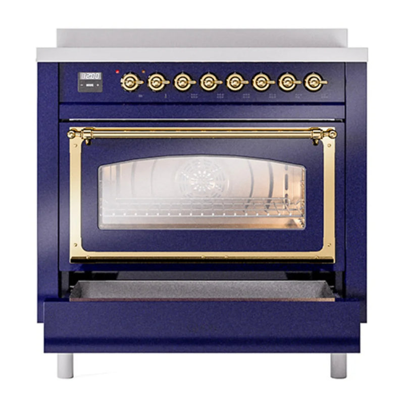 ILVE Nostalgie II Noblesse 36" Induction Freestanding Range in Midnight Blue with Brass Trim, UNI366NMPMBG