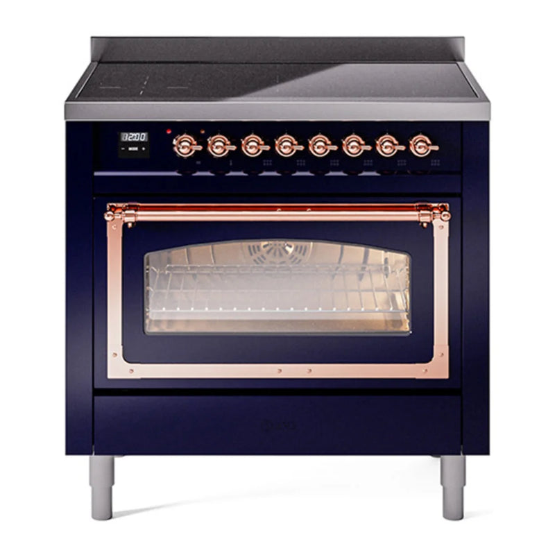 ILVE Nostalgie II Noblesse 36" Induction Freestanding Range in Midnight Blue with Copper Trim, UNI366NMPMBP