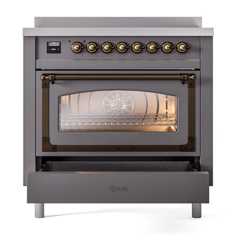 ILVE Nostalgie II Noblesse 36" Induction Freestanding Range in Graphite Matte with Burnished Trim, UNI366NMPMGB