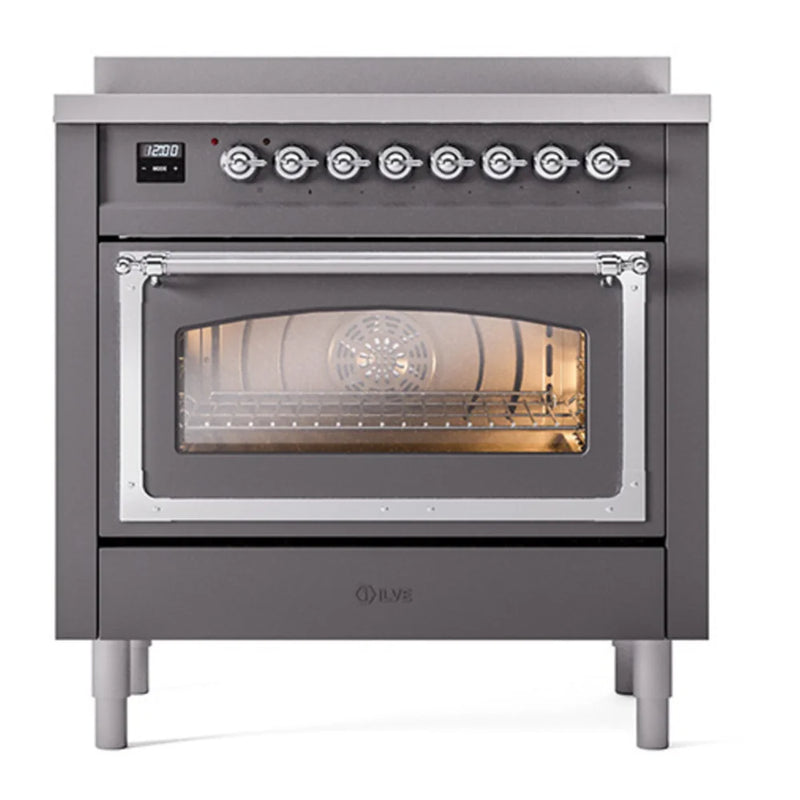 ILVE Nostalgie II Noblesse 36" Induction Freestanding Range in Graphite Matte with Chrome Trim, UNI366NMPMGC