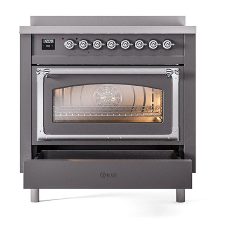 ILVE Nostalgie II Noblesse 36" Induction Freestanding Range in Graphite Matte with Chrome Trim, UNI366NMPMGC