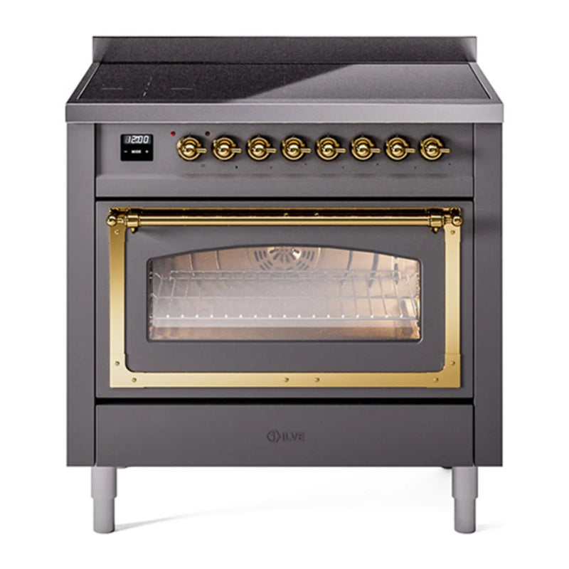 ILVE Nostalgie II Noblesse 36" Induction Freestanding Range in Graphite Matte with Brass Trim, UNI366NMPMGG