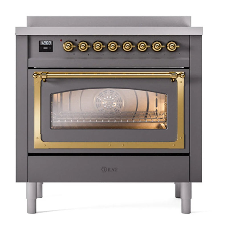 ILVE Nostalgie II Noblesse 36" Induction Freestanding Range in Graphite Matte with Brass Trim, UNI366NMPMGG