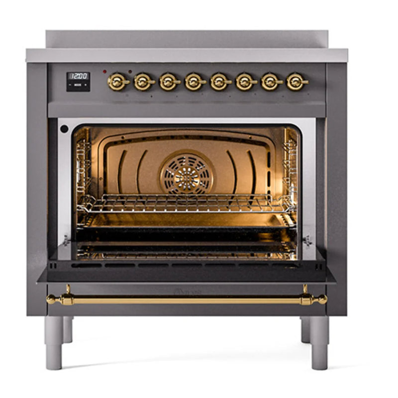 ILVE Nostalgie II Noblesse 36" Induction Freestanding Range in Graphite Matte with Brass Trim, UNI366NMPMGG