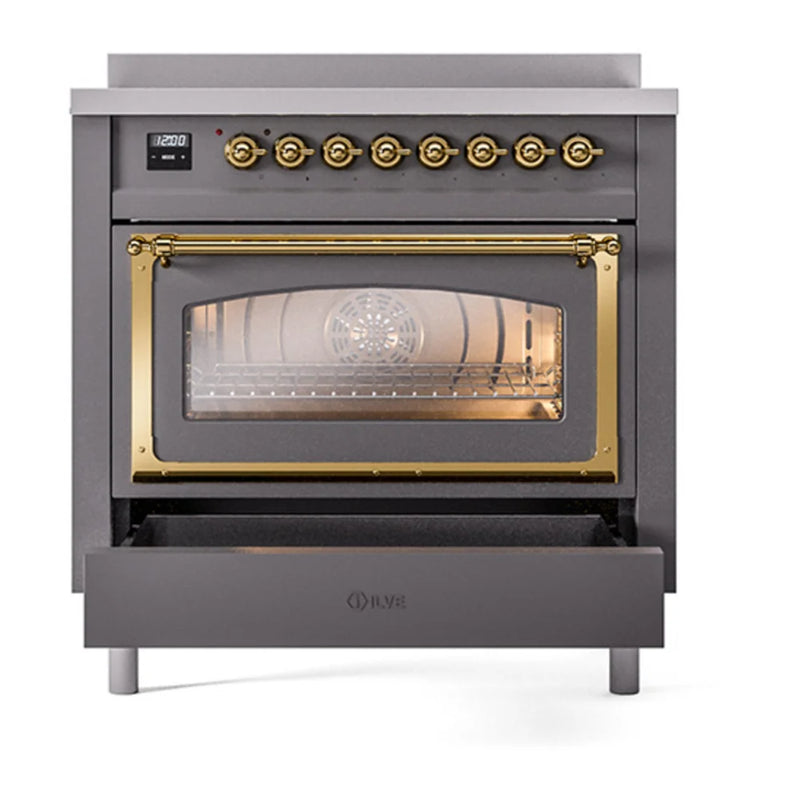 ILVE Nostalgie II Noblesse 36" Induction Freestanding Range in Graphite Matte with Brass Trim, UNI366NMPMGG