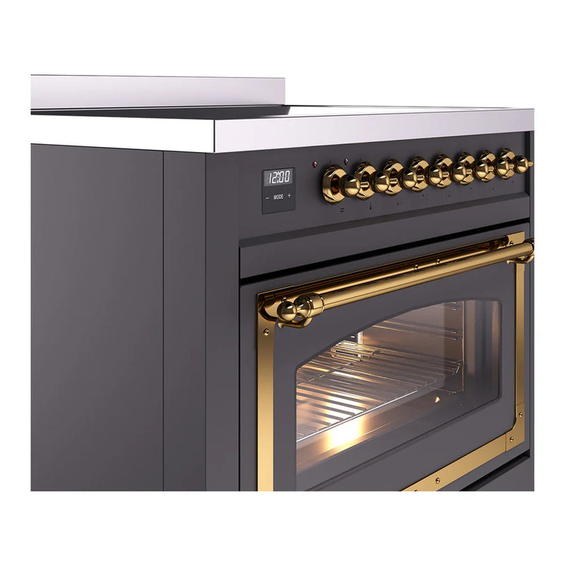 ILVE Nostalgie II Noblesse 36" Induction Freestanding Range in Graphite Matte with Brass Trim, UNI366NMPMGG