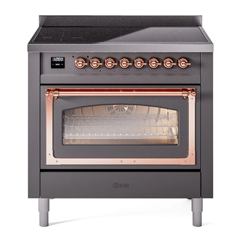 ILVE Nostalgie II Noblesse 36" Induction Freestanding Range in Graphite Matte with Copper Trim, UNI366NMPMGP
