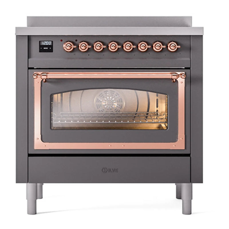 ILVE Nostalgie II Noblesse 36" Induction Freestanding Range in Graphite Matte with Copper Trim, UNI366NMPMGP