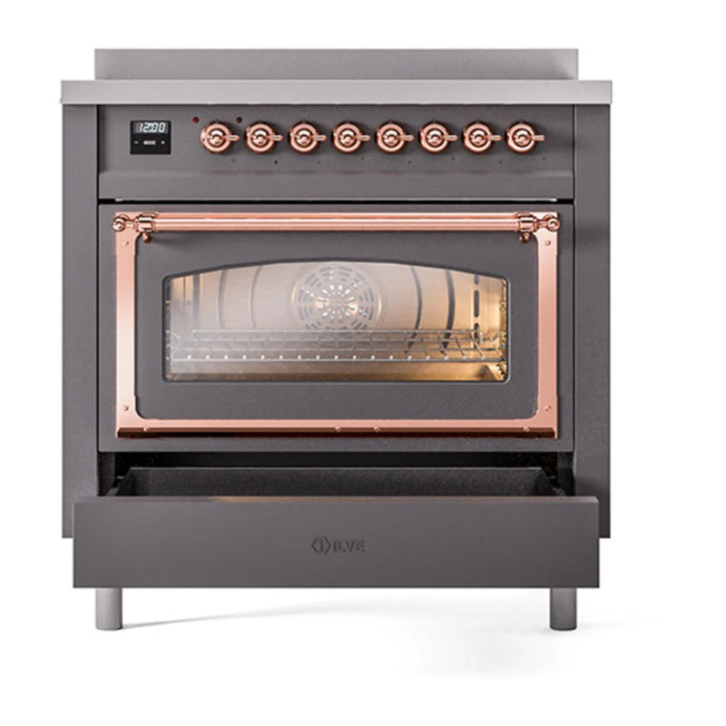 ILVE Nostalgie II Noblesse 36" Induction Freestanding Range in Graphite Matte with Copper Trim, UNI366NMPMGP