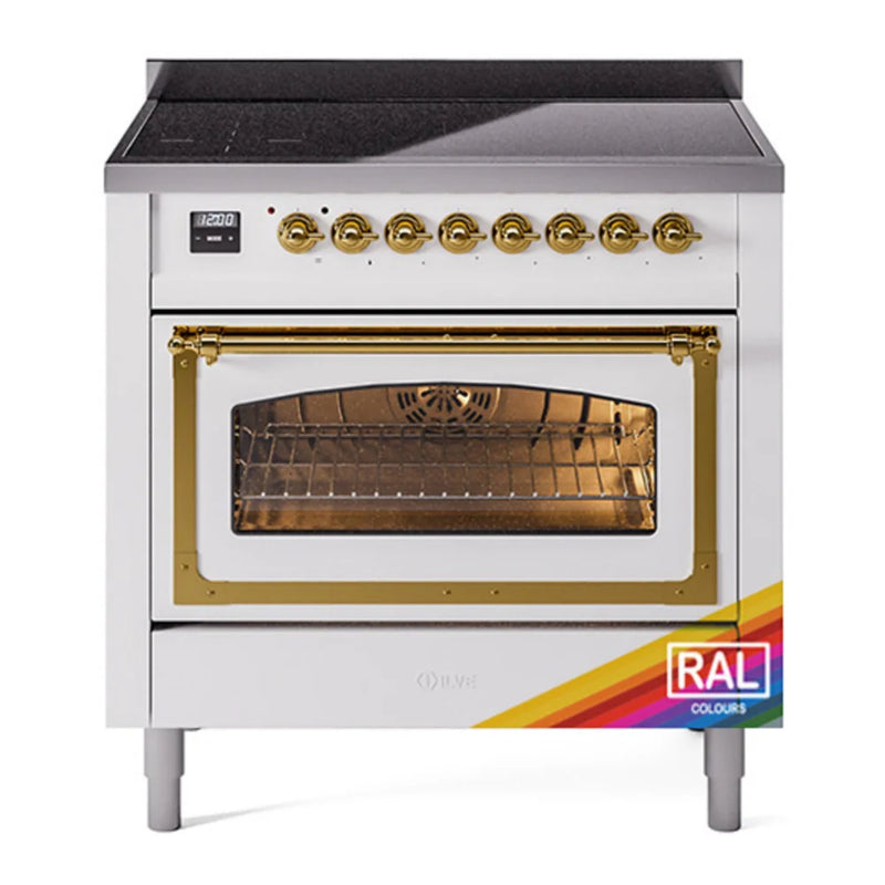 ILVE Nostalgie II Noblesse 36" Induction Freestanding Range in RAL Color with Brass Trim, UNI366NMPRAG