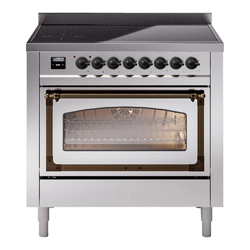 ILVE Nostalgie II Noblesse 36" Induction Freestanding Range in Stainless Steel with Burnished Trim, UNI366NMPSSB