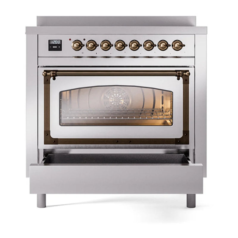 ILVE Nostalgie II Noblesse 36" Induction Freestanding Range in Stainless Steel with Burnished Trim, UNI366NMPSSB