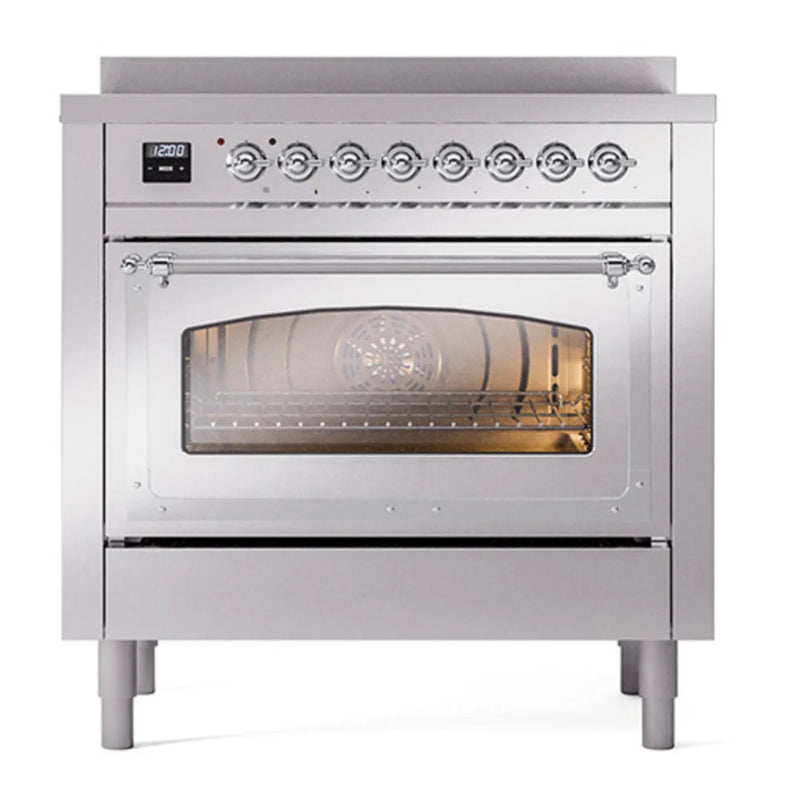ILVE Nostalgie II Noblesse 36" Induction Freestanding Range in Stainless Steel with Chrome Trim, UNI366NMPSSC