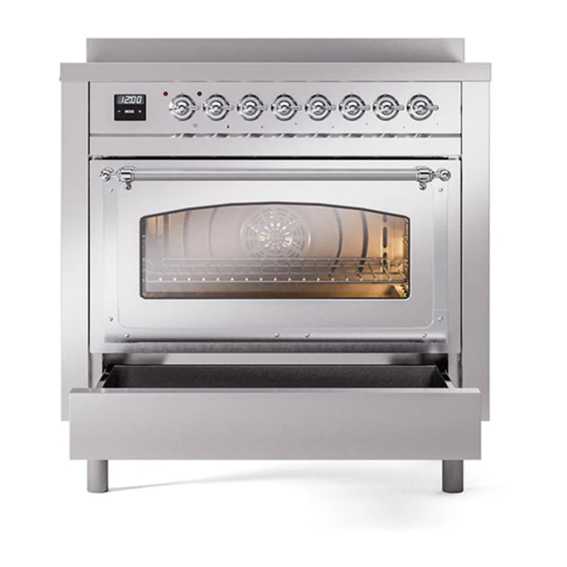 ILVE Nostalgie II Noblesse 36" Induction Freestanding Range in Stainless Steel with Chrome Trim, UNI366NMPSSC