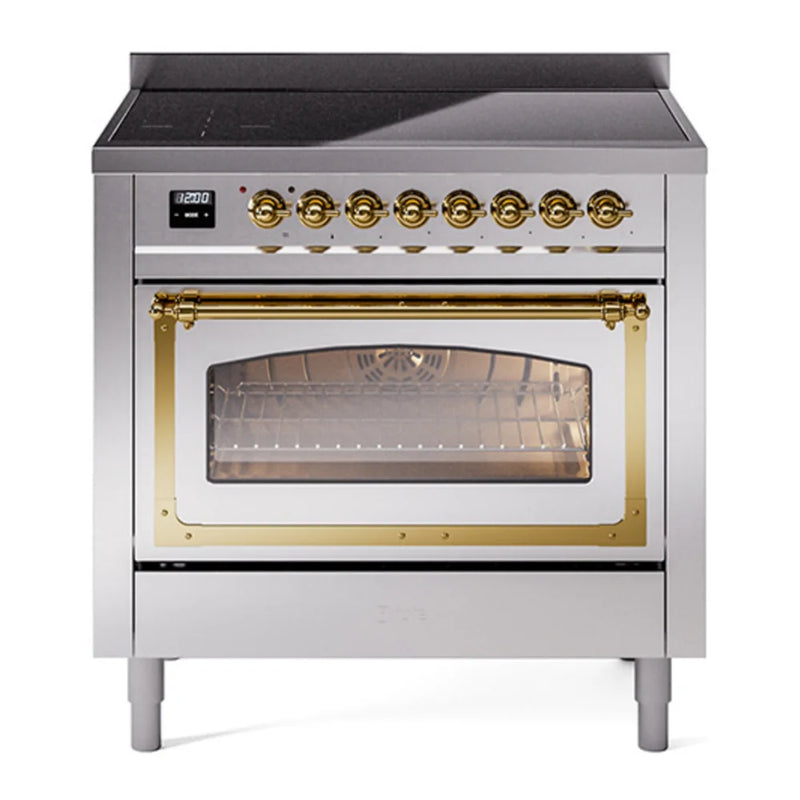 ILVE Nostalgie II Noblesse 36" Induction Freestanding Range in Stainless Steel with Brass Trim, UNI366NMPSSG