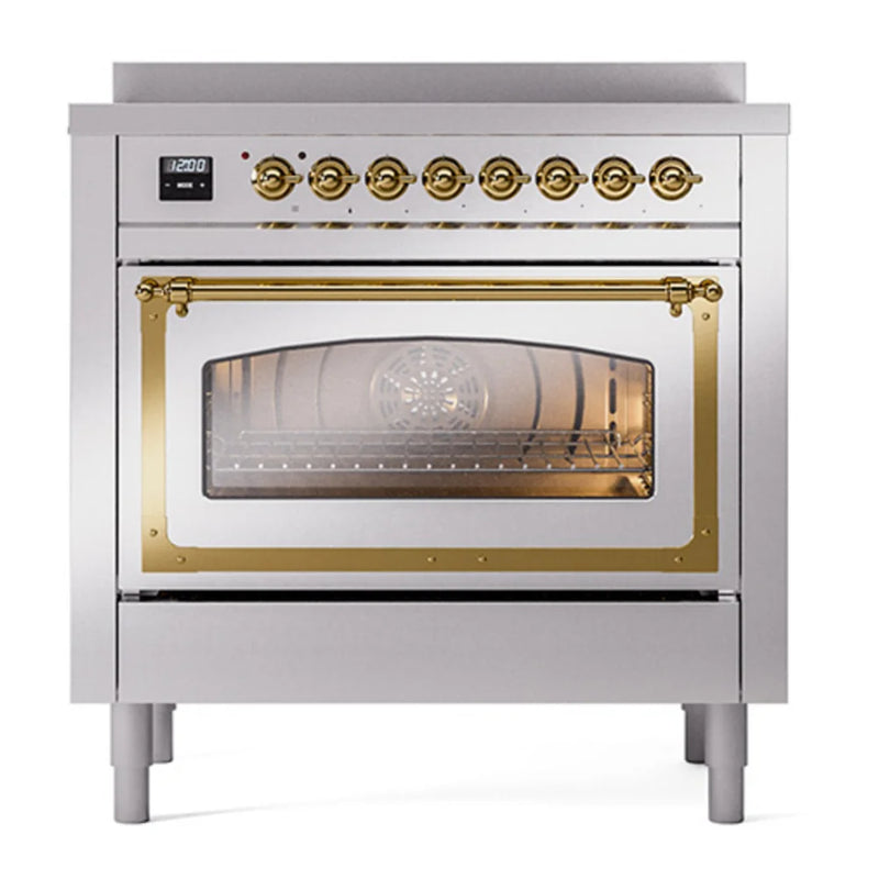 ILVE Nostalgie II Noblesse 36" Induction Freestanding Range in Stainless Steel with Brass Trim, UNI366NMPSSG