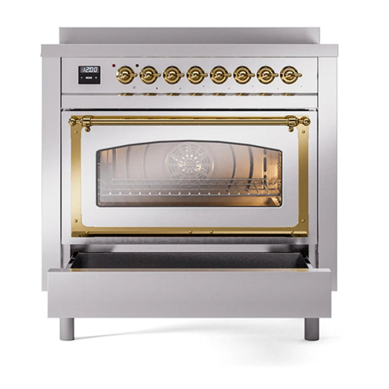 ILVE Nostalgie II Noblesse 36" Induction Freestanding Range in Stainless Steel with Brass Trim, UNI366NMPSSG