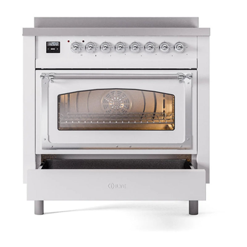 ILVE Nostalgie II Noblesse 36" Induction Freestanding Range in White with Chrome Trim, UNI366NMPWHC