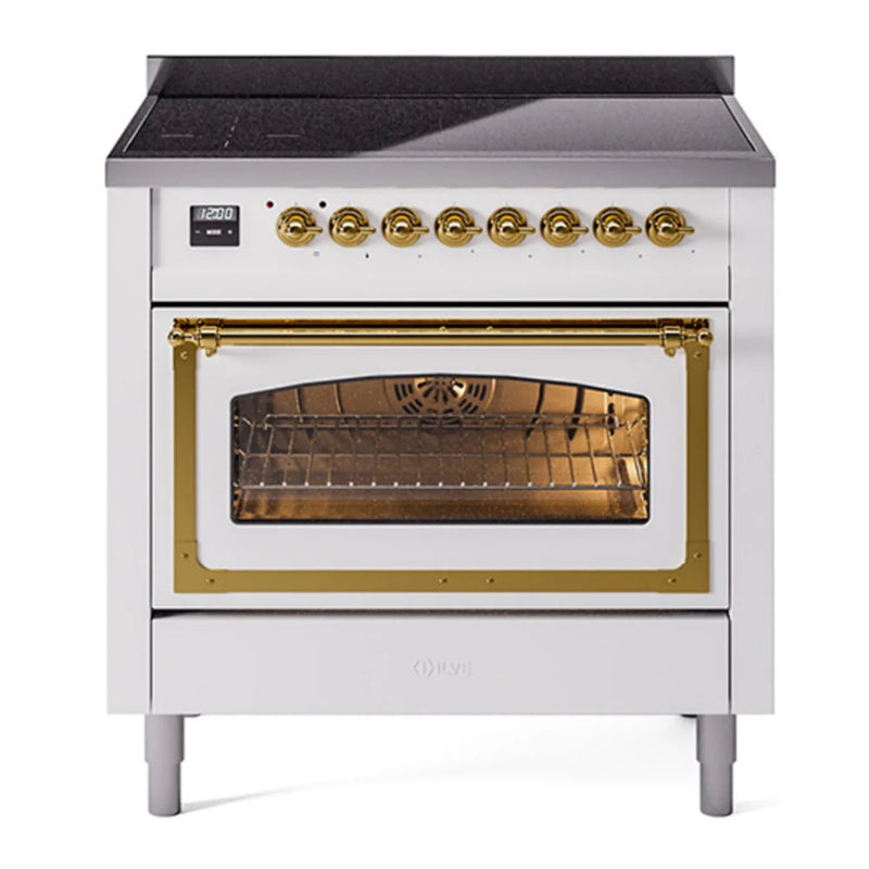 ILVE Nostalgie II Noblesse 36" Induction Freestanding Range in White with Brass Trim, UNI366NMPWHG