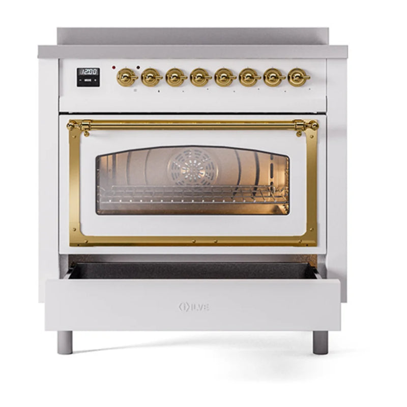 ILVE Nostalgie II Noblesse 36" Induction Freestanding Range in White with Brass Trim, UNI366NMPWHG