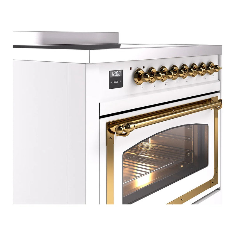 ILVE Nostalgie II Noblesse 36" Induction Freestanding Range in White with Brass Trim, UNI366NMPWHG