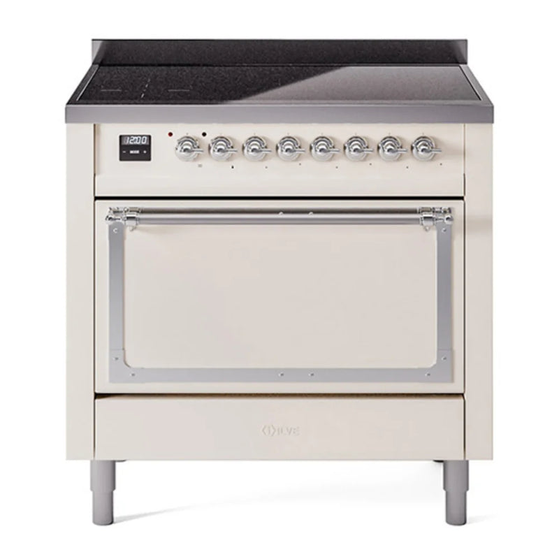 ILVE Nostalgie II Noblesse 36" Induction Freestanding Range in Antique White with Chrome Trim, UNI366QNMPAWC