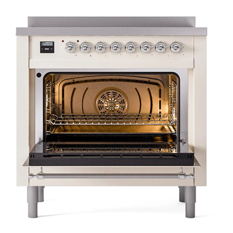 ILVE Nostalgie II Noblesse 36" Induction Freestanding Range in Antique White with Chrome Trim, UNI366QNMPAWC